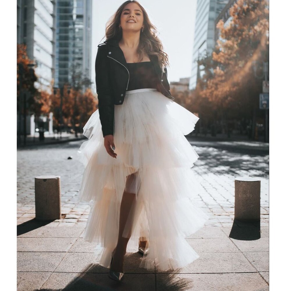 💋BOMBSHELL!💋 GRACIA WHITE HIGH-LOW LAYERED RUFFLED PLEATED TULLE & MESH SKIRT - Picture 4 of 16